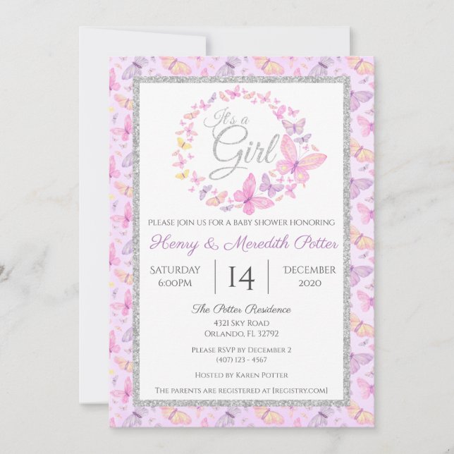 Pink and Purple Silver Butterfly Baby Shower Invitation (Front)