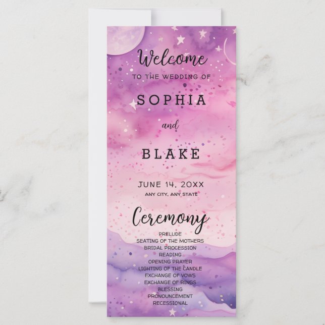 Pink and Purple Sky Celestial Wedding Program (Front)