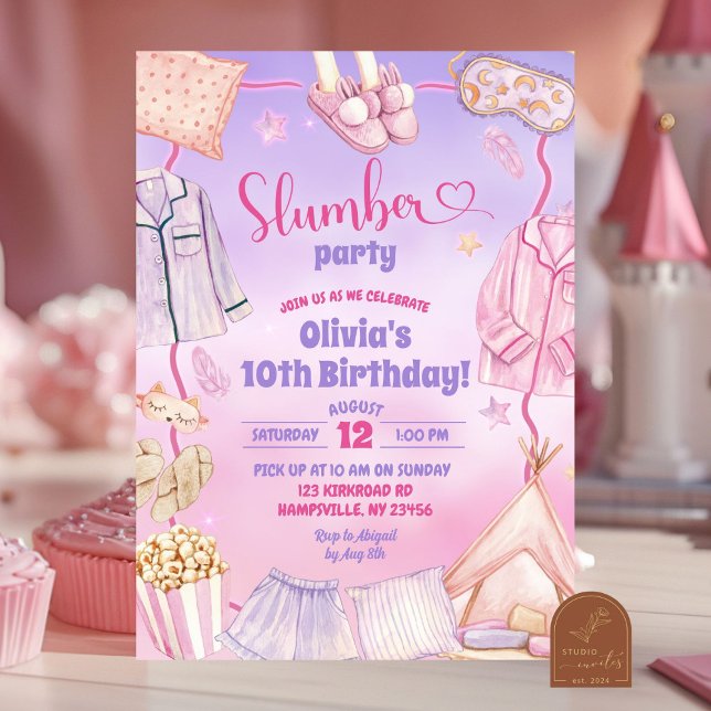 Pink and Purple Sleepover Slumber Birthday Party Invitation (Creator Uploaded)