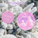 Pink and Purple Snowman Ceramic Ornament<br><div class="desc">So Cute. These pink and purple snowmen ornament may be personalized on the back with your own message. Perfect on the Christmas Tree!</div>