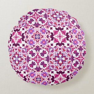 Pink and Purple Spanish Tiles Round Pillow