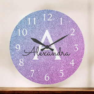 Pink and Purple Sparkle Glitter Monogram Name Large Clock