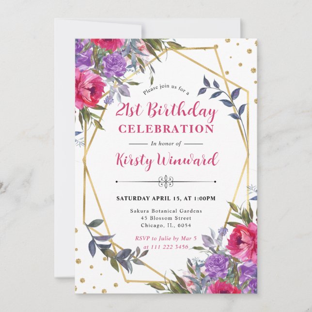 Pink and Purple Spring Flowers Frame Birthday Invitation (Front)