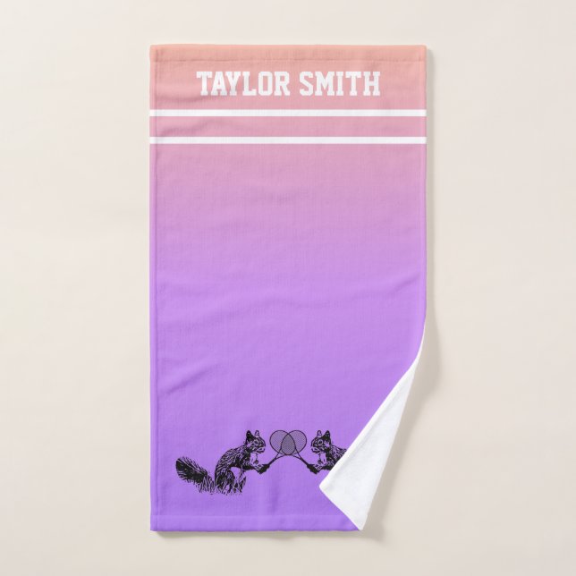 Pink and Purple Squirrel Tennis Player with Text Hand Towel (Hand Towel)