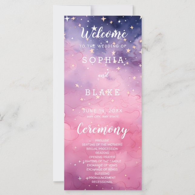 Pink and Purple Stars Celestial Wedding Program (Front)