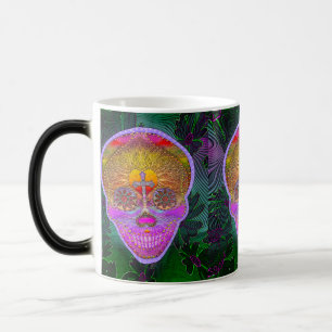 Pink and Purple Sugar Skull with Cross and Flowers Magic Mug