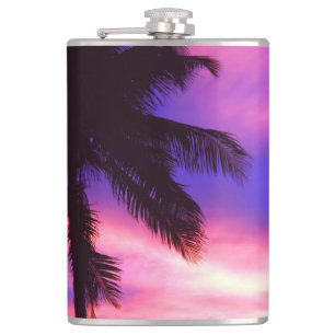 Pink and Purple Sunset Palm Tree Hip Flask