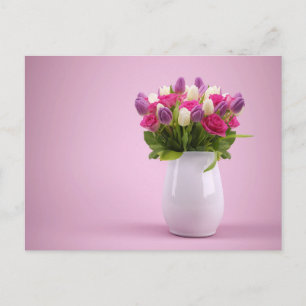 Pink and Purple Tulips in White Vase Postcard