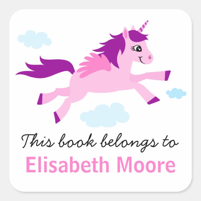 Pink and purple unicorn personalized bookplate square sticker (Front)