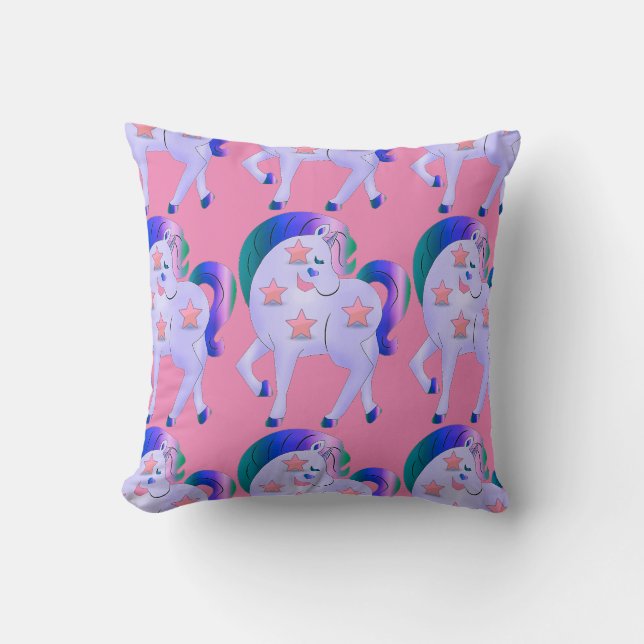 Pink and Purple Unicorn with Stars Throw Pillow (Front)