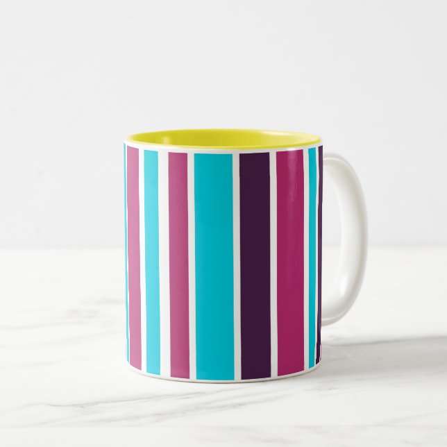Pink And Purple violet Striped Two-Tone Coffee Mug (Front Right)