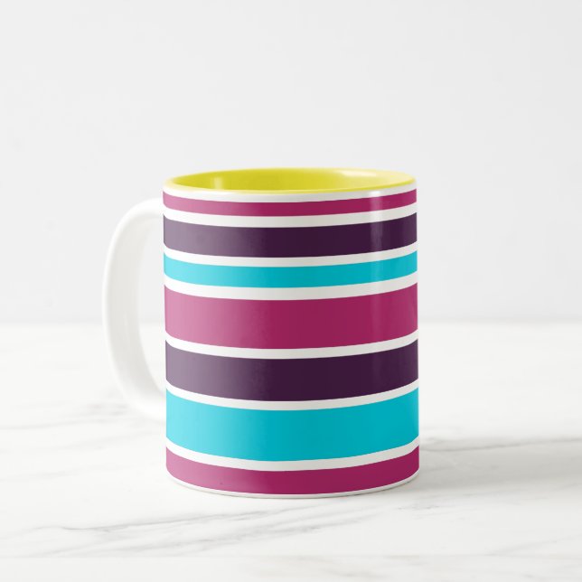 Pink And Purple violet Striped Two-Tone Coffee Mug (Front Left)