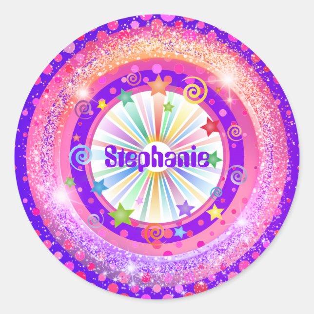 Pink and Purple Votre Nom Sticker Classic Round (Devant)