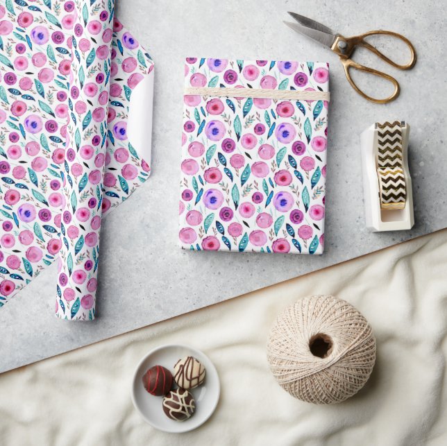 Pink and purple watercolor floral pattern wrapping paper (Crafts)