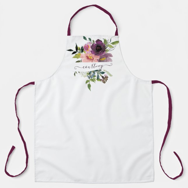 Pink and purple watercolor floral personalized apron (Front)