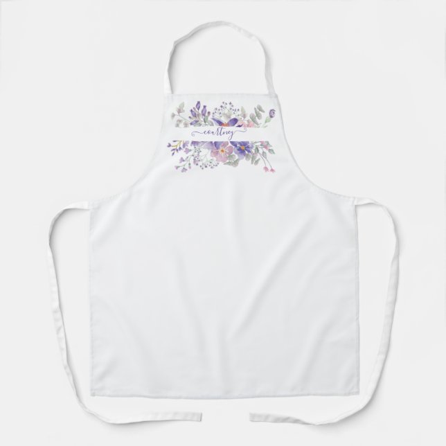Pink and purple watercolor floral personalized  apron (Front)