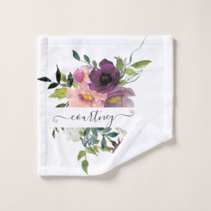 Pink and purple watercolor floral personalized  bath towel set