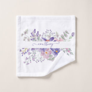 Pink and purple watercolor floral personalized bath towel set