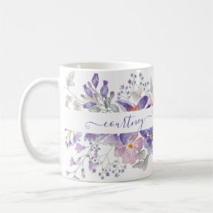 Pink and purple watercolor floral personalized coffee mug