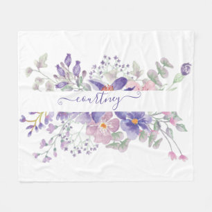 Pink and purple watercolor floral personalized  fleece blanket