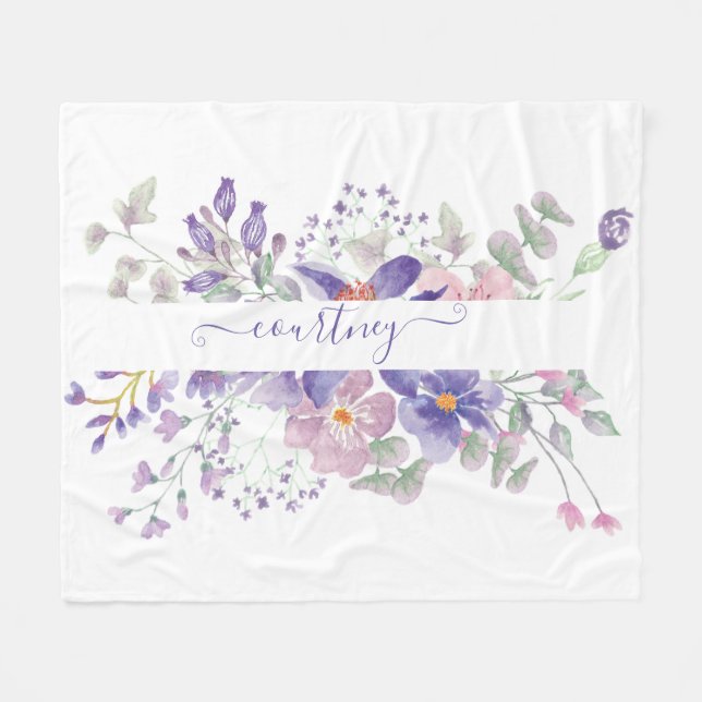 Pink and purple watercolor floral personalized  fleece blanket (Front (Horizontal))