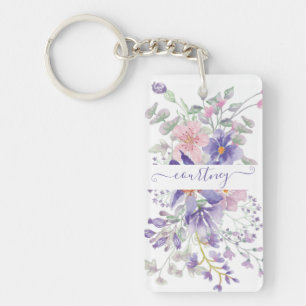 Pink and purple watercolor floral personalized  keychain