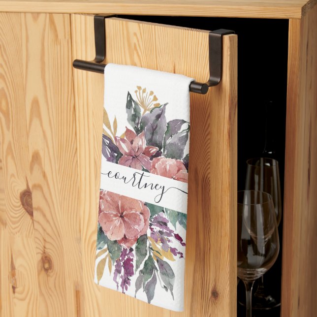 Pink and purple watercolor floral personalized kitchen towel (Thirds Fold)