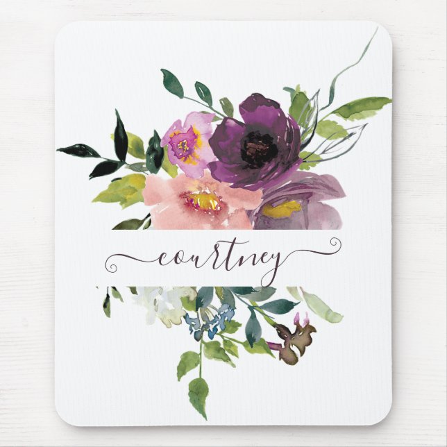 Pink and purple watercolor floral personalized  mouse pad (Front)