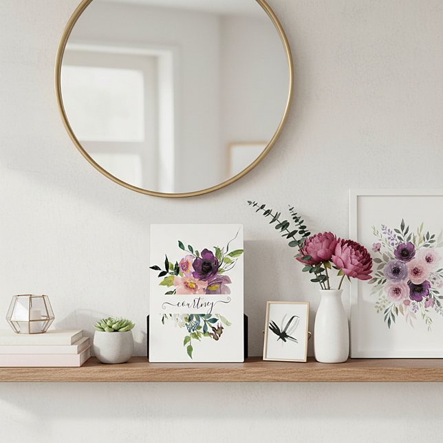 Pink and purple watercolor floral personalized  plaque (Creator Uploaded)