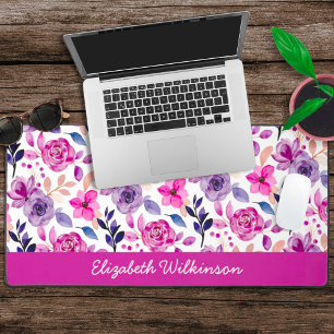 Pink and purple watercolor flowers feminine name desk mat