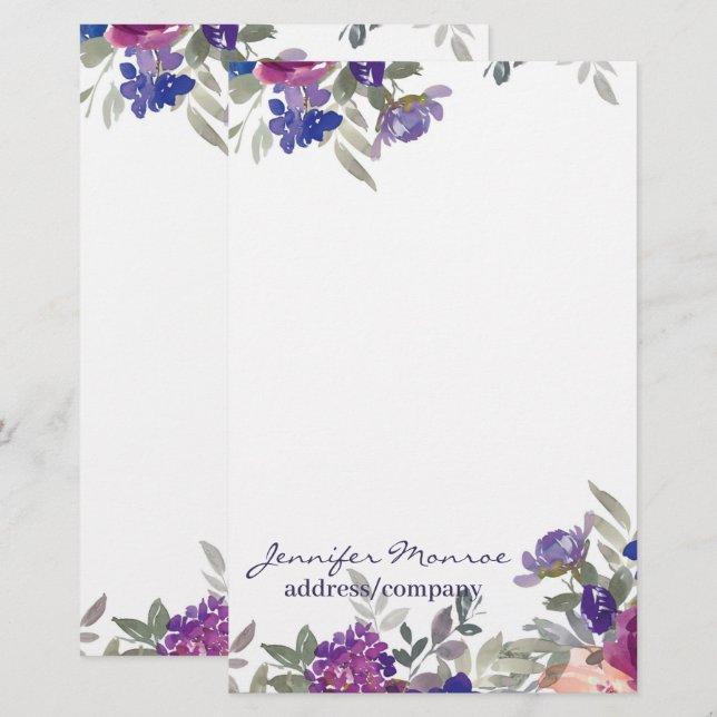 Pink and purple watercolor flowers personalized stationery (Front/Back)