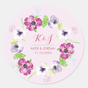 Pink and Purple Watercolor Flowers Wedding Thanks Classic Round Sticker