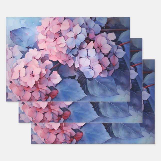 Pink and Purple Watercolor Hydrangea Decoupage Wrapping Paper Sheet (Set)