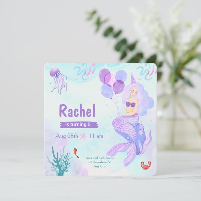 Pink And Purple Watercolor Mermaid Birthday Invitation (Standing Front)