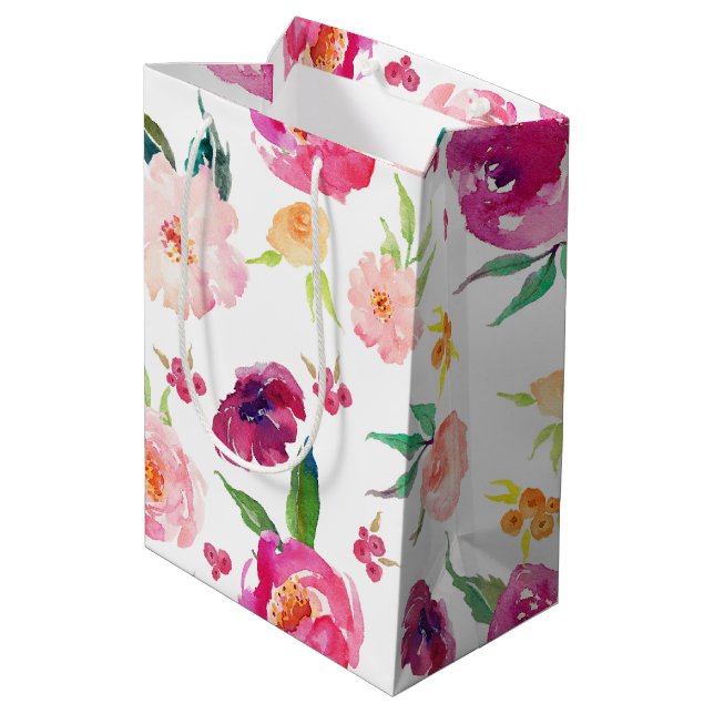 Pink and Purple Watercolor Peonies Gift Bag (Back Angled)