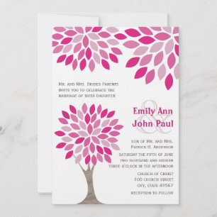 Pink and Raspberry Modern Tree Tops Flower Wedding Invitation