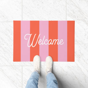 Pink and Red Bold Stripes Welcome Doormat