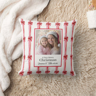 Pink and Red Bows Photo Christmas Throw Pillow