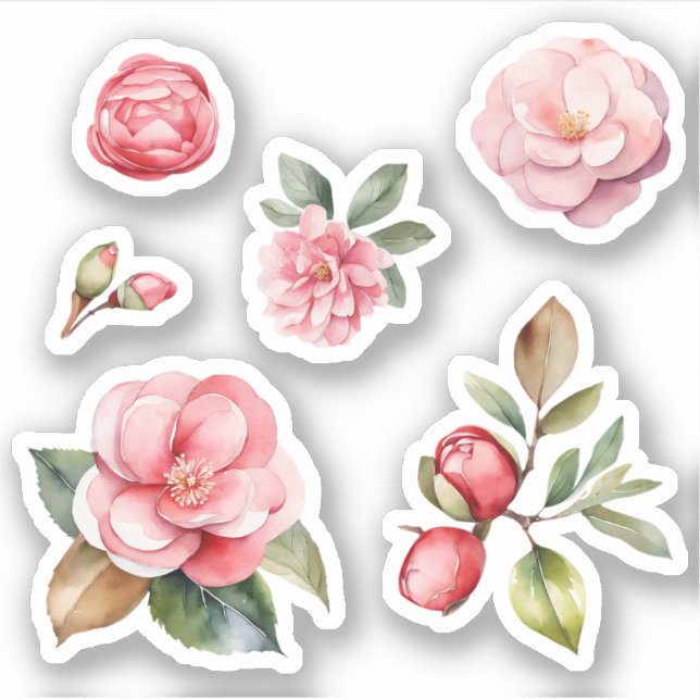 Pink and Red Camelia Flowers Watercolor Art Pack (Front)