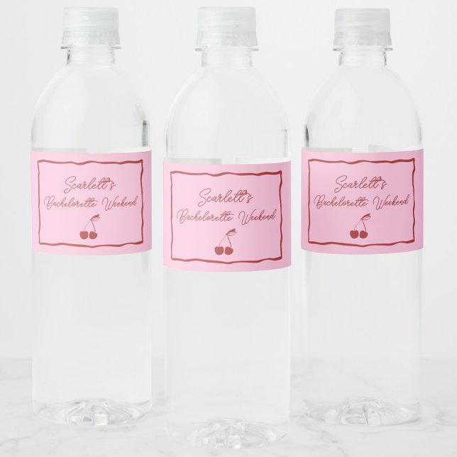Pink and Red Cherry Bachelorette Party Weekend Water Bottle Label (One Last Sweet Escape water bottle labels, bachelorette, party favors, red, pink, personalized, chic)