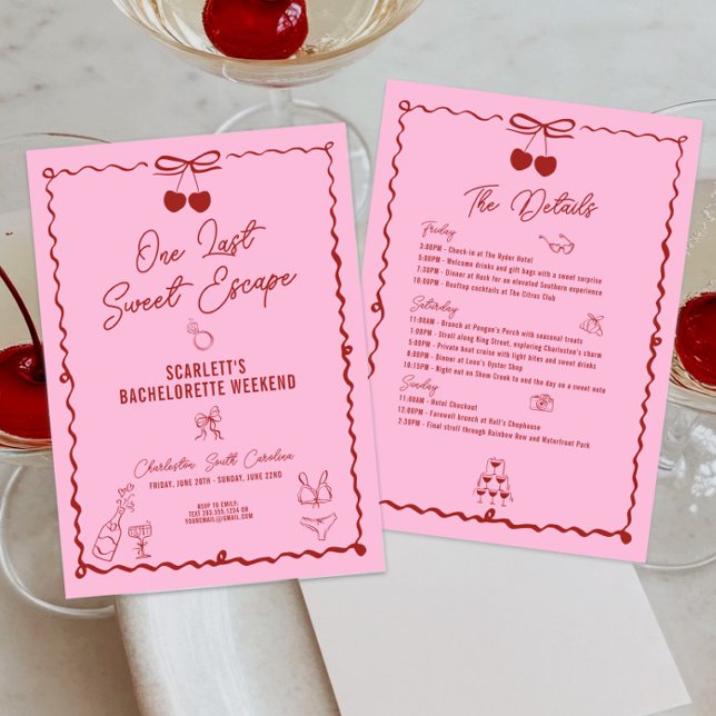 Pink and Red Cherry Bachelorette Weekend Itinerary Invitation (Pink and Red Cherry Bachelorette Weekend Itinerary, Bows, Hand Drawn, Girls Trip, Bachelorette Party)