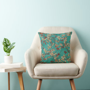 Pink and Red Cherry Blossoms on Bright Teal Throw Pillow