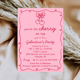 Pink and Red Cherry On Top Galentines Dinner Party Invitation