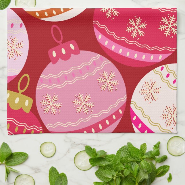 Pink And Red Christmas Baubles Kitchen Towel (Folded)