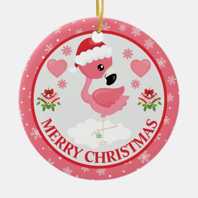 Pink and Red Christmas Flamingo Winter Ceramic Ornament (Front)