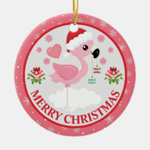 Pink and Red Christmas Flamingo Winter Mittens Ceramic Ornament