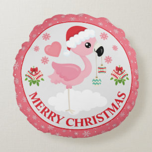 Pink and Red Christmas Flamingo Winter Mittens Round Pillow