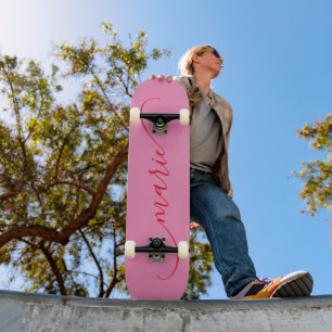 Pink and Red Classy Curved Swash Signature Name Skateboard