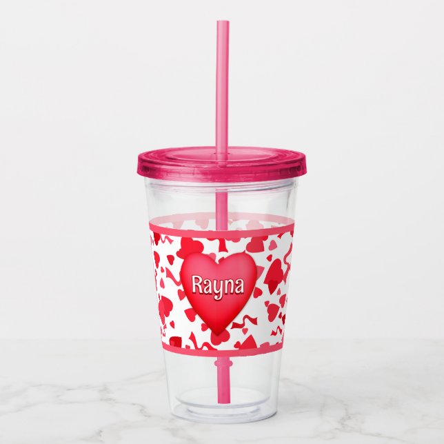 Pink and Red Confetti Hearts Pattern Personalized Acrylic Tumbler (Front)