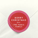 Pink and red cute simple Merry Christmas gift Classic Round Sticker<br><div class="desc">This Christmas gift sticker features a red background with a pink edge and is the perfect finishing touch to all your presents. Coordinate your Christmas presents with this trendy cabana stripe sticker that features a ribbon texture effect and simple customizable type. Add who your gift is from with this simple...</div>